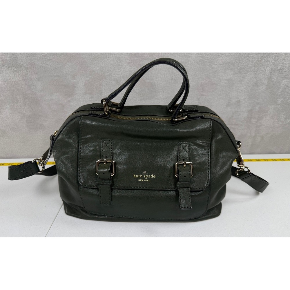 Kate Spade Raquelle M Satchel Bag Olive Green Leather Buckle Flap Gold Accents